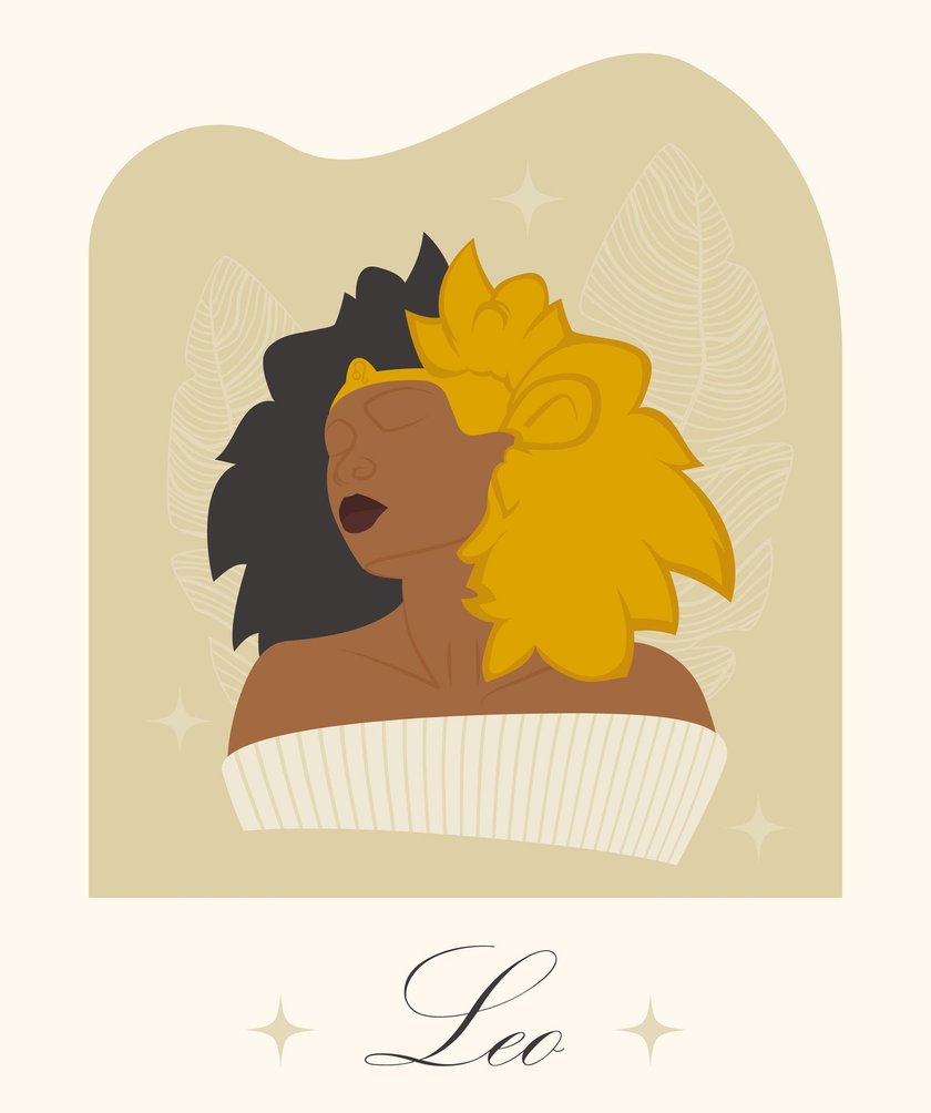 Zodiac Illustration of Leo zodiac sign as a beautiful afro girl. Young lady water symbol character. Astrology elements vector illustration isolated on beige background.