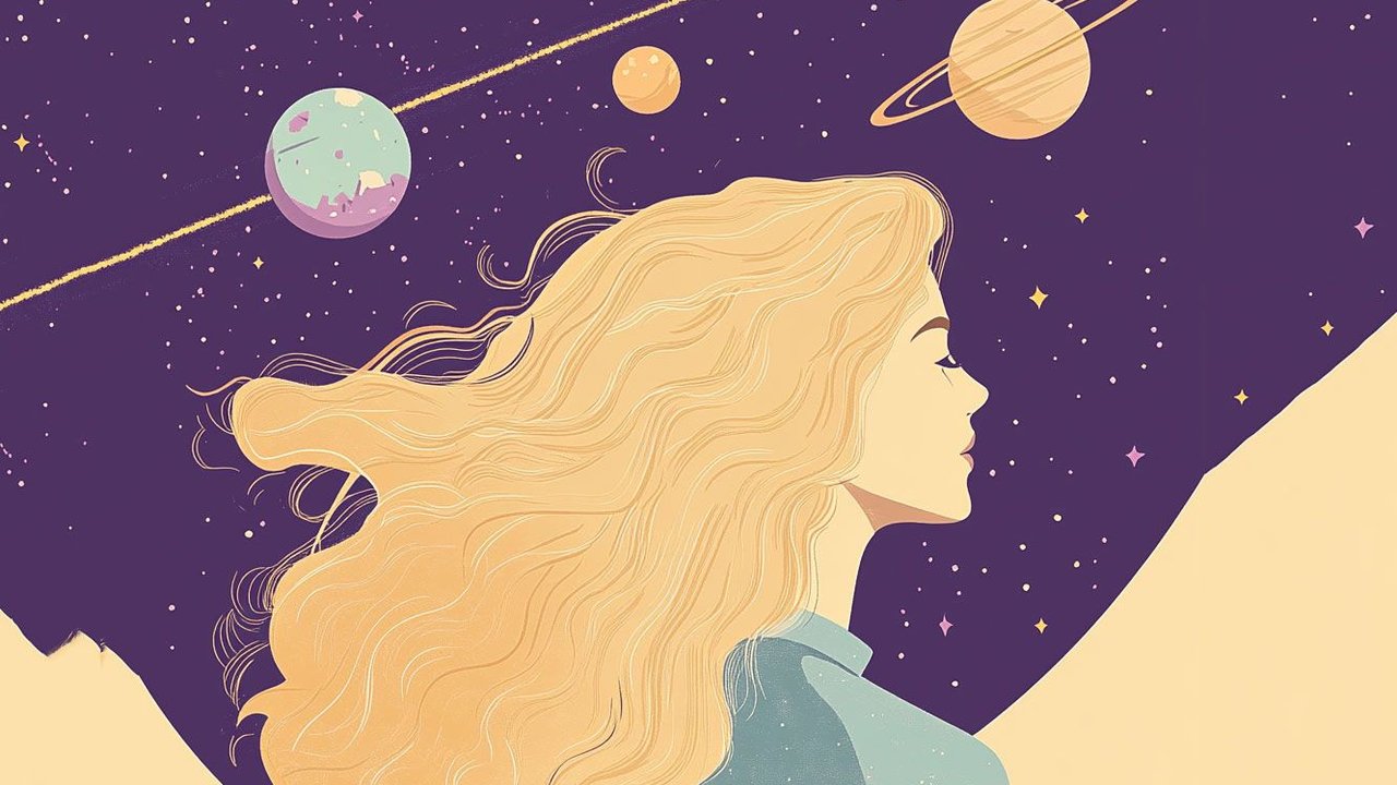 Blonde Frau vor Sternenhimmel, gezeichnet