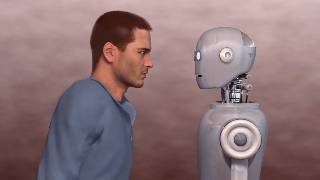 Man and robot. The model that appear in the image are fictional 3D character created by the author and are not inspired or copied in any real person.