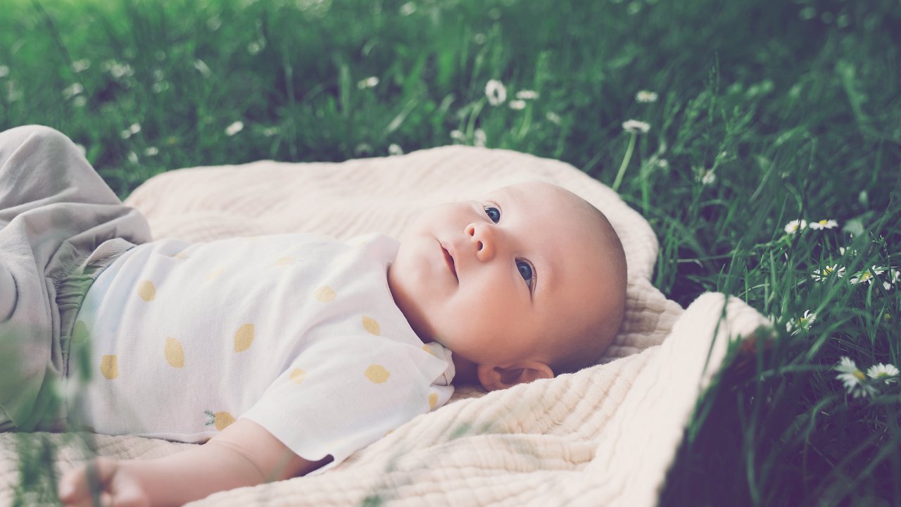 Cute happy baby lying on blanket on green grass at summer outdoors. 3 months old barefoot baby on nature. Family and childhood concept of  eco sustainable lifestyle.