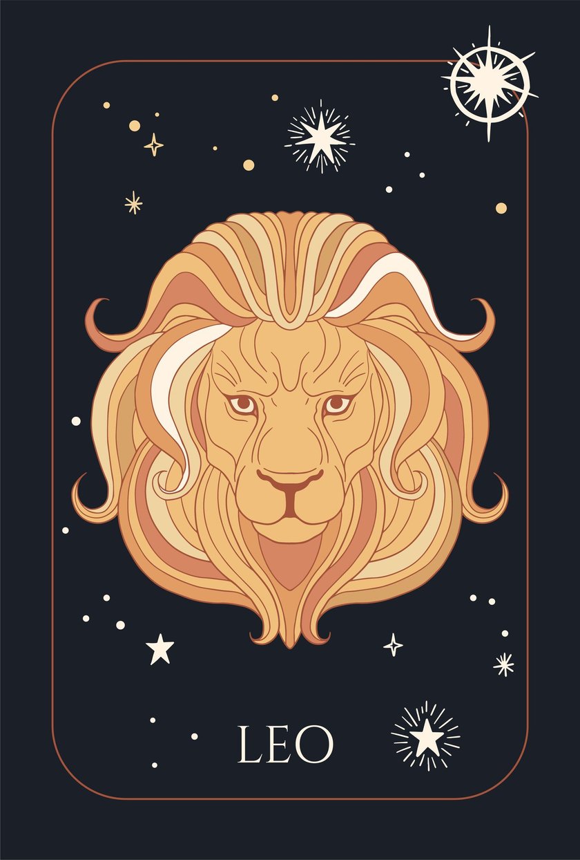 illustration of lion head, zodiac sign - leo, black and yellow colours with stars zodiac form