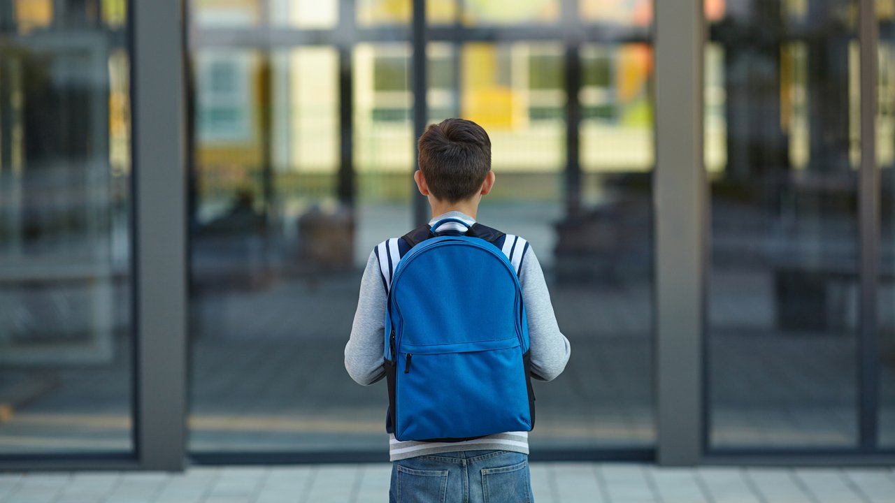 Schoolboy stands in front of the school door. Back to school.
