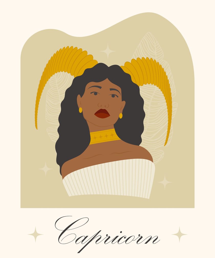 Zodiac Illustration of Capricorn zodiac sign as a beautiful afro girl. Young lady water symbol character. Astrology elements vector illustration isolated on beige background.