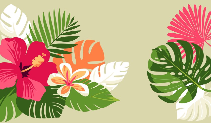 Tropical leaves and flowers background.
