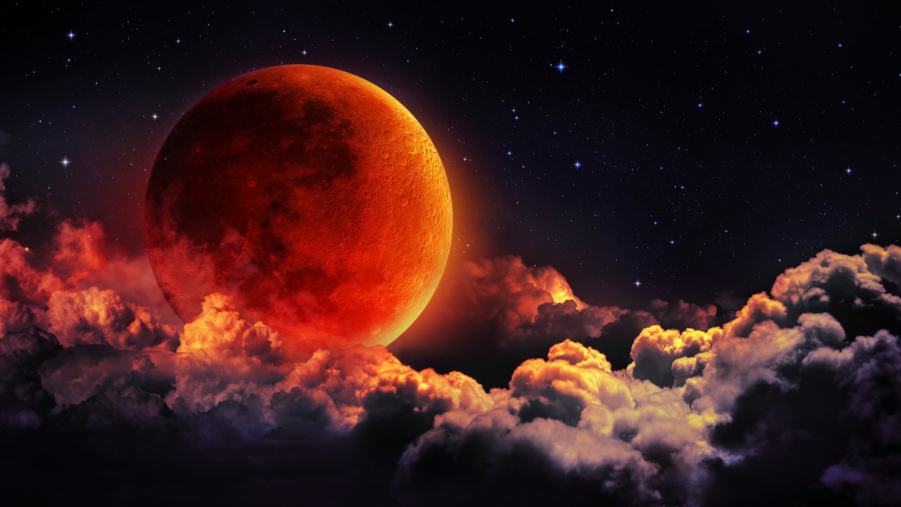 planetary moon red blood with clouds