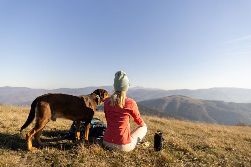 Woman and her dog, taking a break from hiking in the mountains, They are sitting on the ground, looking at the view and enjoying the warm autumn sun