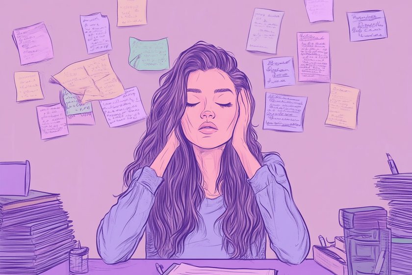 Illustration einer Frau an einem Schreibtisch mit viel Arbeit