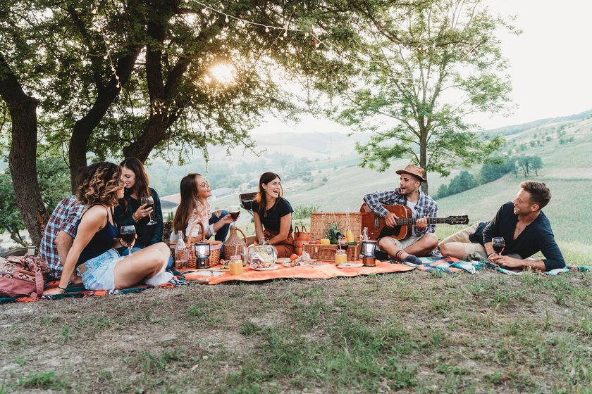 Friends doing a picnic together at sunset in the countryside. medium group of millennials people under a tree.