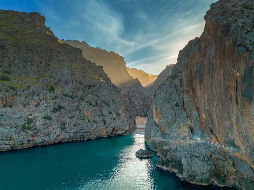 A view of the Torrent de Pareis Gorge and beach on the rugged mountain coast of northern Mallorca