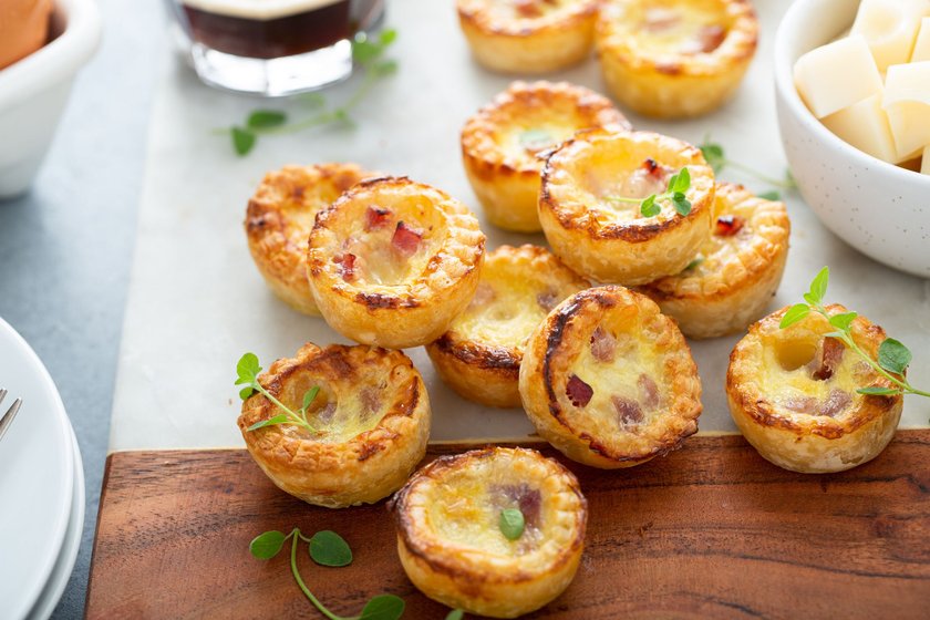 Mini ham and cheese quiches freshly baked ready to eat