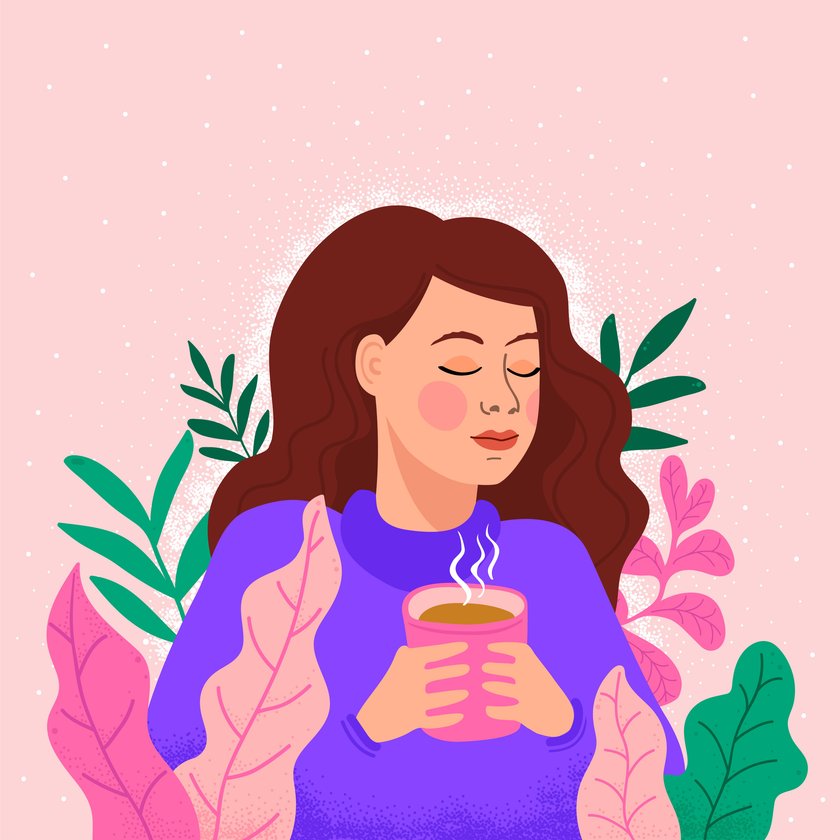 Illustration einer Frau mit einer Tasse Kaffee und geschlossenen Augen