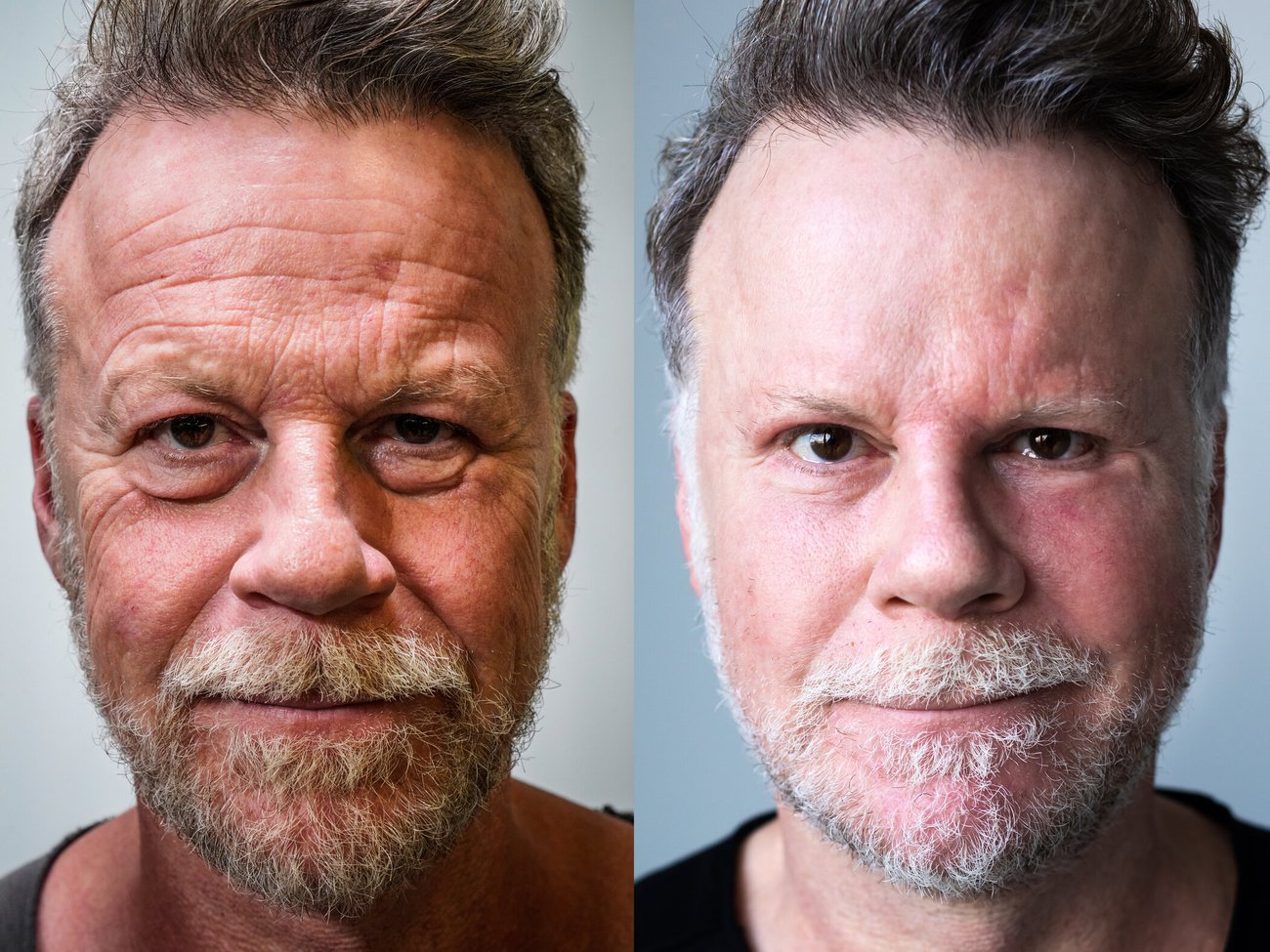 Jenke von Wilmsdorff im Vorher-Nachher-Vergleich: Links vor dem Experiment, rechts danach Jenke von Wilmsdorff im Vorher-Nachher-Vergleich: Links vor dem Experiment, rechts danach