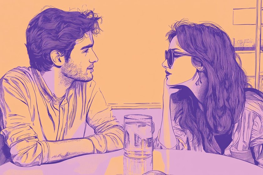 Illustration von einem Mann und einer Frau, die an einem Tisch sitzen