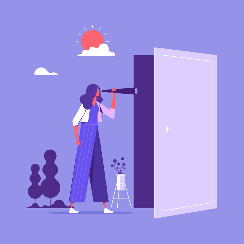 Illustration einer Frau, die durch ein Fernglas aus der Tür schaut