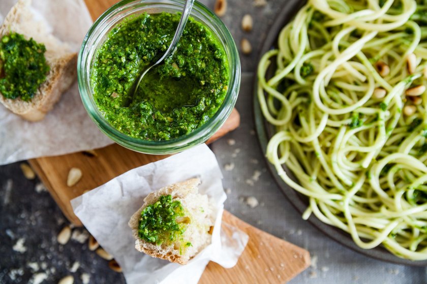 Vegan lunch with pasta and ramson pesto sauce