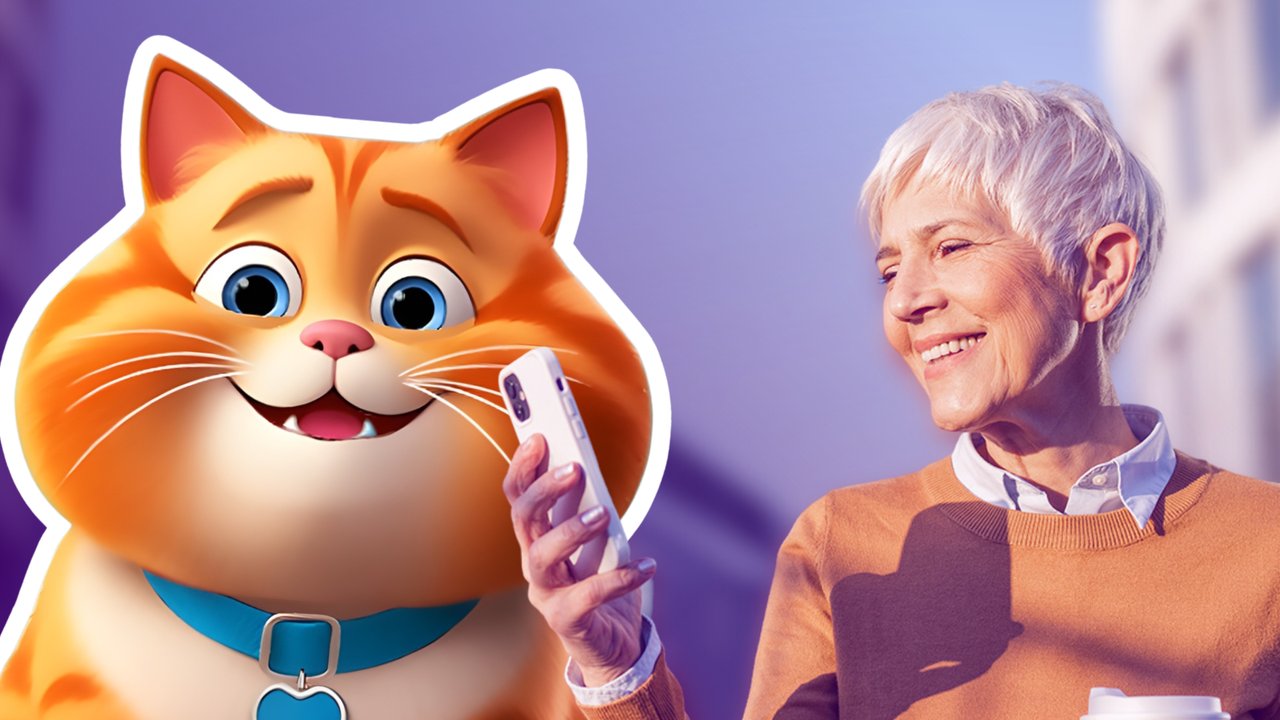 Ältere Frau hält Smartphone und Kaffeebecher neben cartoonhafter orangefarbener Katze.