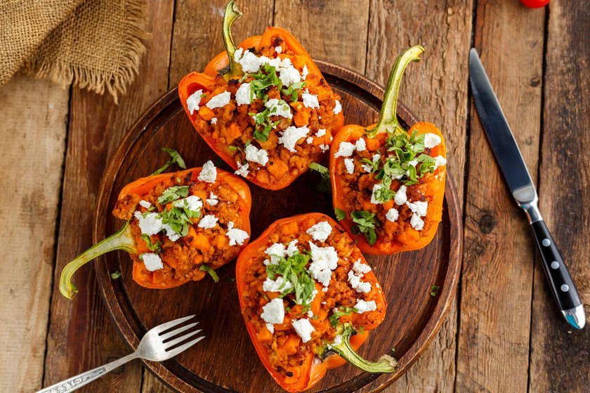 Homemade stuffed peppers with beef and feta cheese