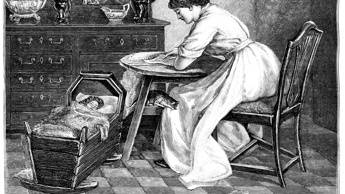 Women seated at table  baby in crib from 1883 journal