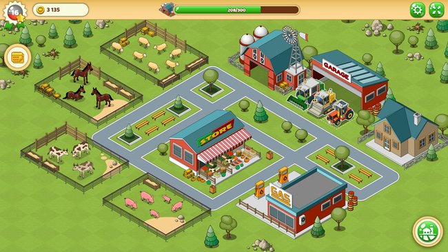 Ein Screenshot des Spiels "Farming Life". Dargestellt ist eine farbenfrohe Farm in isometrischer Perspektive. Auf der Farm sind ein roter Bauernhof mit einem Windrad, eine Garage mit Traktoren, ein Laden mit Produkten und verschiedene Tiergehege mit Kühen, Pferden, Schweinen und Schafen zu sehen