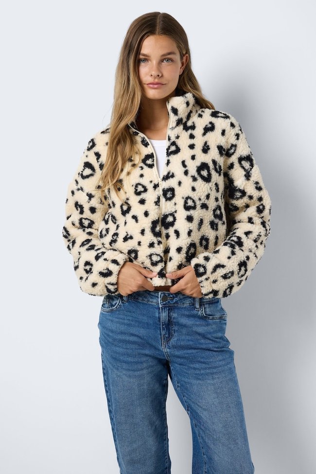 NOISY MAY Leopard Print Zip Front Teddy Fleece Jacket