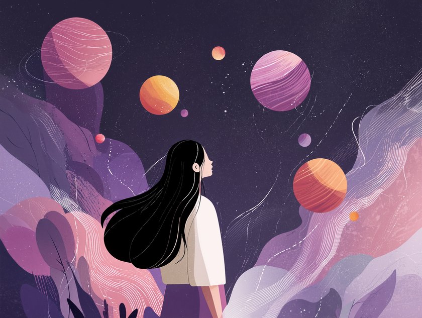 Zeichnung von Frau die Planeten anschaut